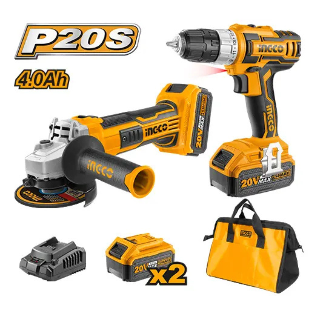 Kit Ingco CKLI2009 P20S con taladro, esmeril, 2 baterías de 4,0 Ah, cargador y bolso