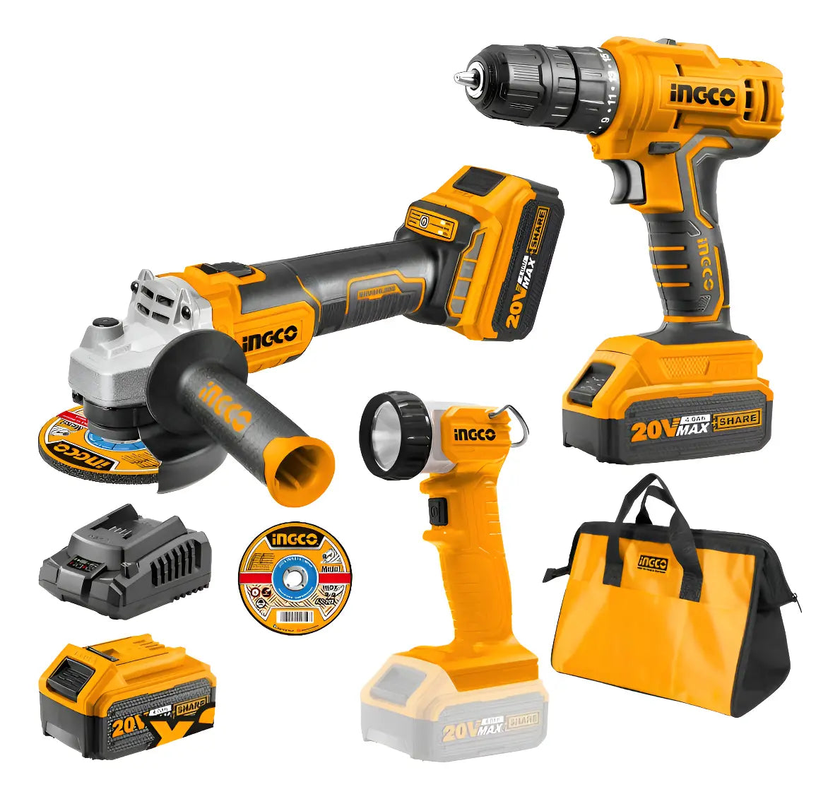 Kit Ingco CKLI2048 con taladro, esmeril angular, lámpara, baterías, cargador, disco y bolso