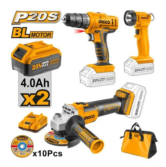 Kit Ingco CKLI2048 P20S con 2 baterías de 4,0 Ah, taladro, esmeril brushless, lámpara, discos y bolso