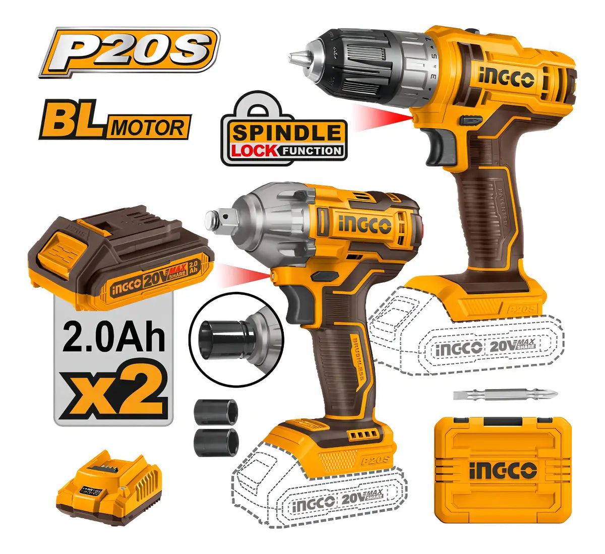 Kit Taladro Atornillador y Llave de Impacto con 2 Baterías 20 V Ingco COSLI230702