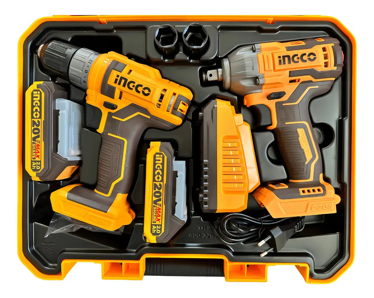 Kit Taladro Atornillador y Llave de Impacto con 2 Baterías 20 V Ingco COSLI230702
