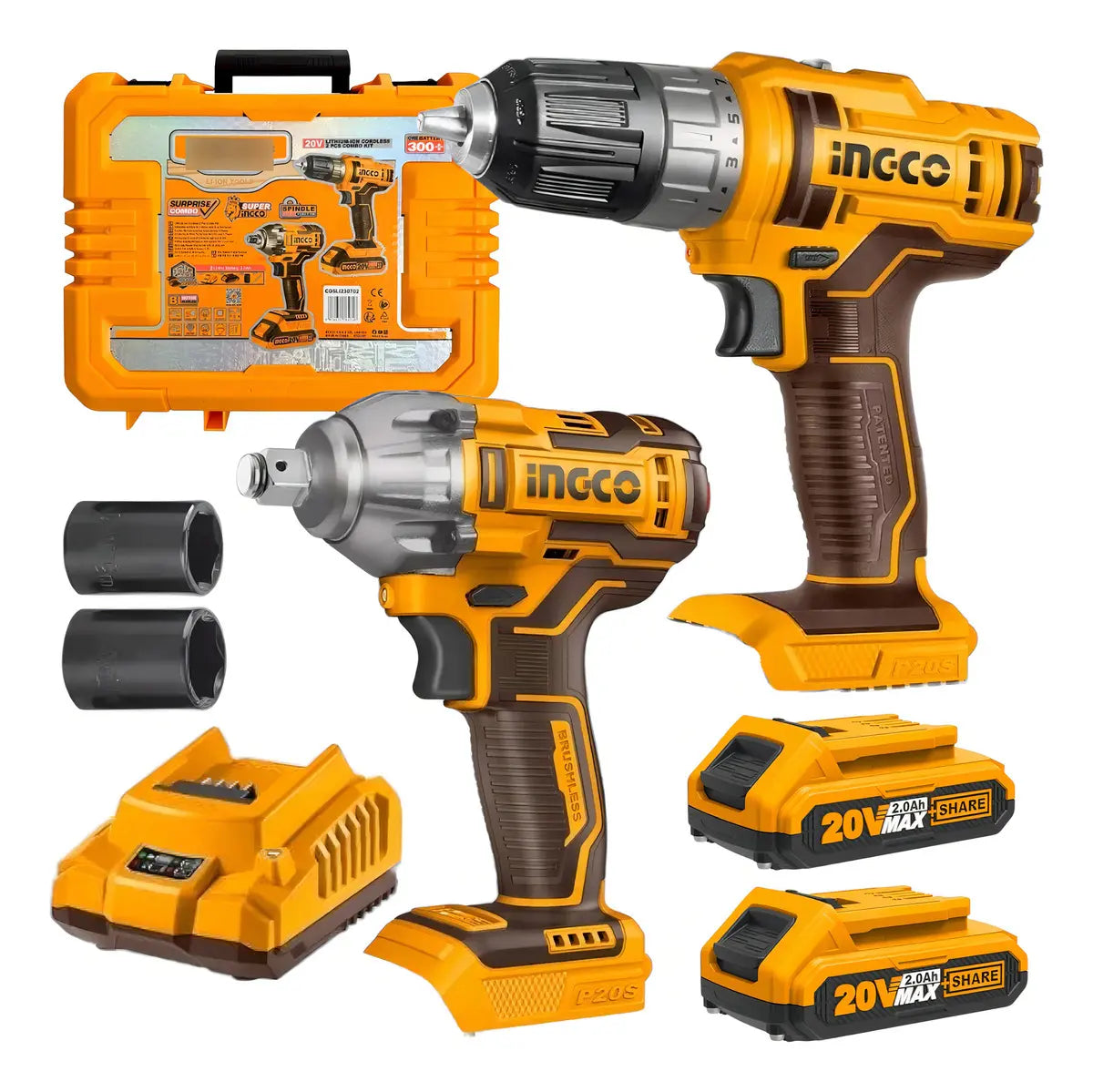 Kit Taladro Atornillador y Llave de Impacto con 2 Baterías 20 V Ingco COSLI230702