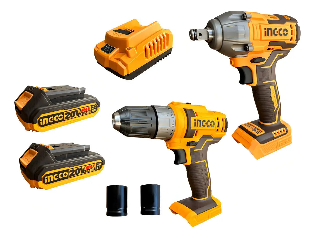 Kit Taladro Atornillador y Llave de Impacto con 2 Baterías 20 V Ingco COSLI230702