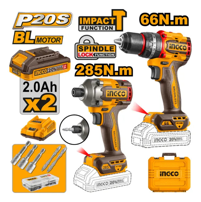 Kit Taladro Percutor y Atornillador de Impacto Inalámbricos Ingco CKLI20277