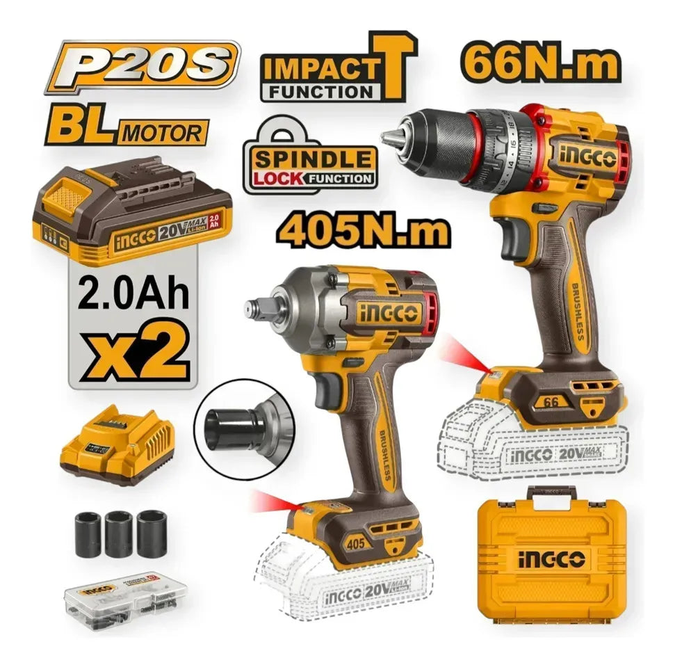 Kit Ingco CKLI20286 con taladro percutor, llave de impacto, 2 baterías de 2,0 Ah, cargador, 3 dados y maletín