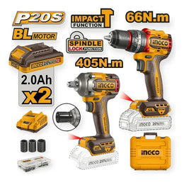 Kit Ingco CKLI20286 con taladro percutor, llave de impacto, 2 baterías de 2,0 Ah, cargador, 3 dados y maletín