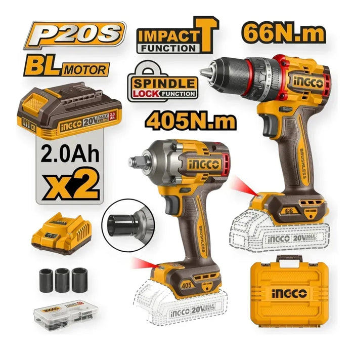 Kit Taladro Percutor y Llave de Impacto Inalámbricos 20 V Ingco CKLI20286