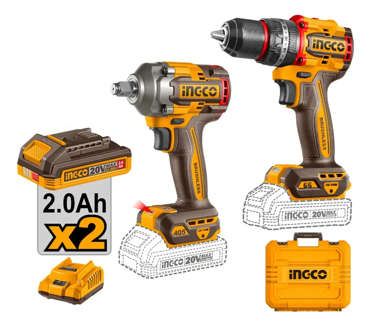 Kit Ingco CKLI20286: llave de impacto y taladro percutor con 2 baterías de 2,0 Ah, cargador y maletín