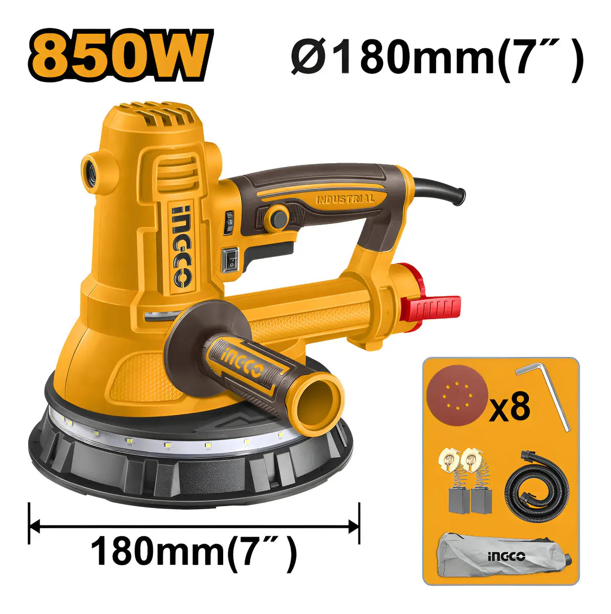 Lijadora de muros Ingco DWS10508 de 850 W y 180 mm con 8 lijas, carbones, manguera y bolsa de polvo