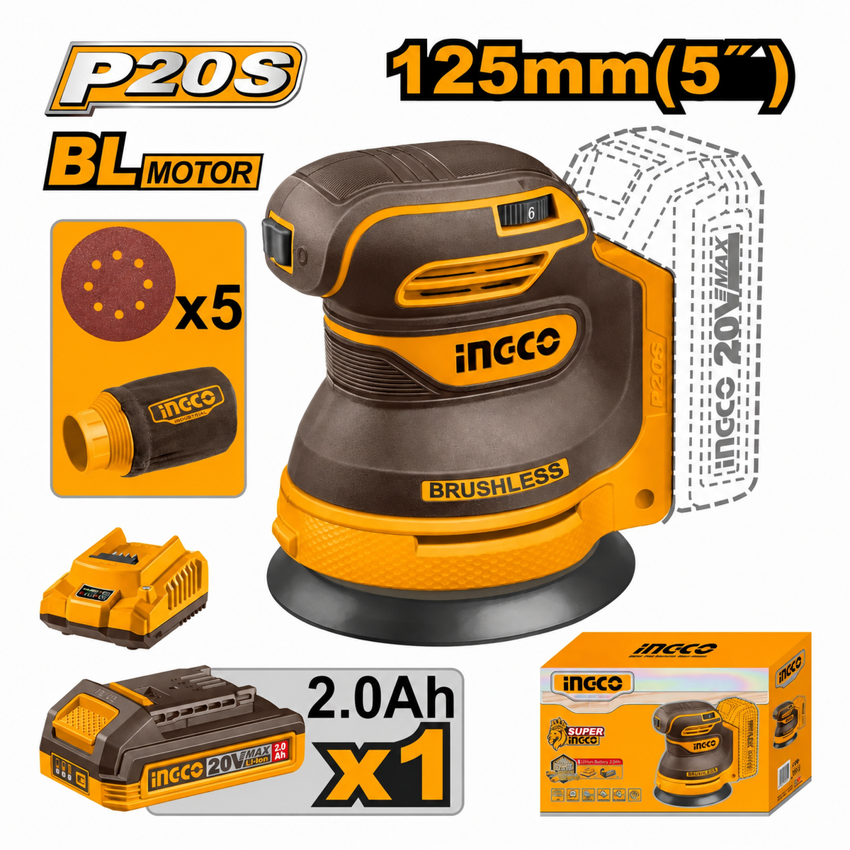 Lijadora roto orbital Ingco CROSLI20021 P20S de 125 mm con 5 lijas, bolsa recolectora, batería de 2,0 Ah y cargador