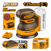 Lijadora roto orbital Ingco CROSLI20021 P20S de 125 mm con 5 lijas, bolsa recolectora, batería de 2,0 Ah y cargador