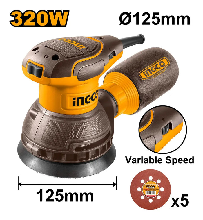 Lijadora Roto Orbital 320 W 125 mm Velocidad Variable Ingco RS3216