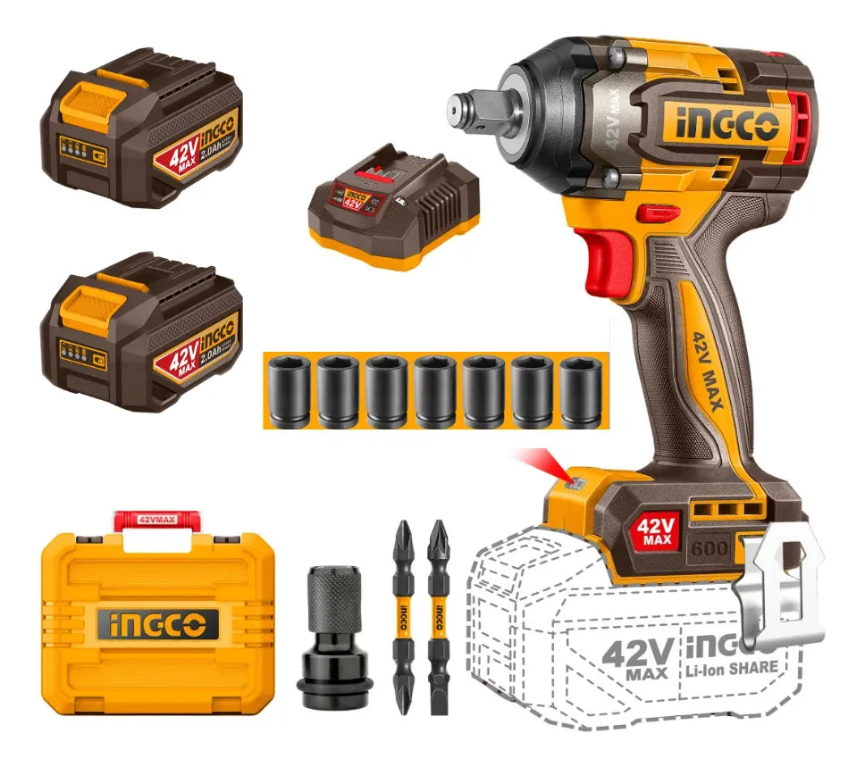 Llave de impacto Ingco CIWLI42602 de 42 V con 2 baterías, cargador, 7 dados, adaptador, 2 puntas y maletín