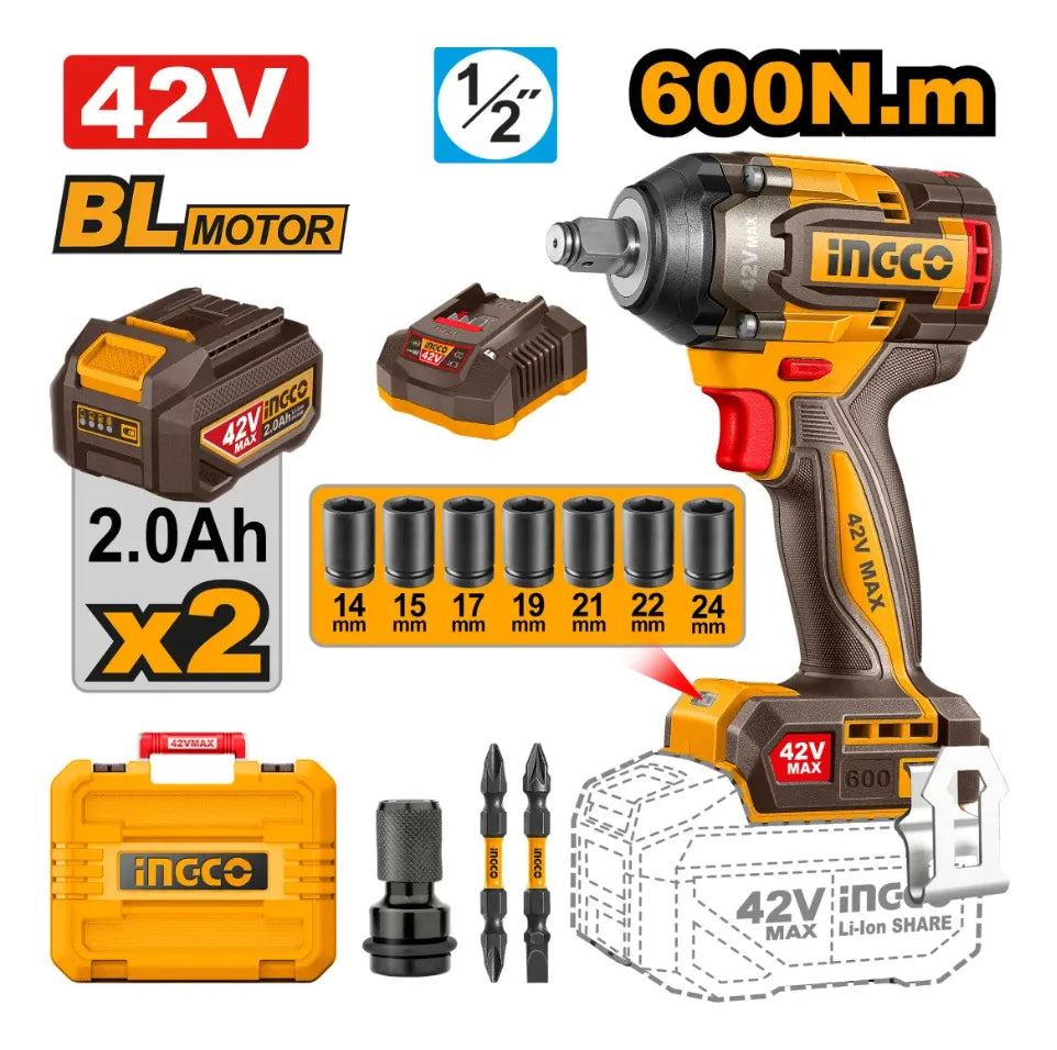 Llave de impacto brushless Ingco CIWLI42602 de 1/2" y 600 Nm con 2 baterías de 2,0 Ah y accesorios