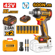 Llave de impacto brushless Ingco CIWLI42602 de 1/2" y 600 Nm con 2 baterías de 2,0 Ah y accesorios