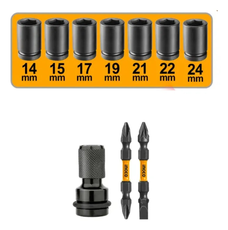 Dados de impacto de 14 a 24 mm, adaptador a 1/4" y 2 puntas incluidos con la llave Ingco CIWLI42602