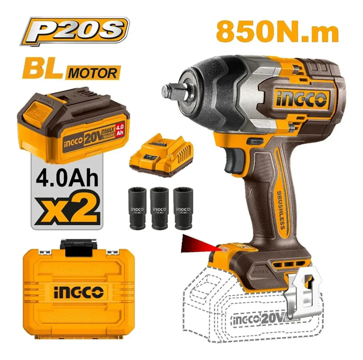 Llave de impacto brushless Ingco CIWLI2085 P20S de 850 Nm con 2 baterías de 4,0 Ah, cargador y dados