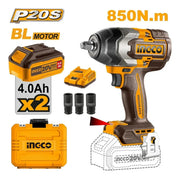 Llave de impacto brushless Ingco CIWLI2085 P20S de 850 Nm con 2 baterías de 4,0 Ah, cargador y dados