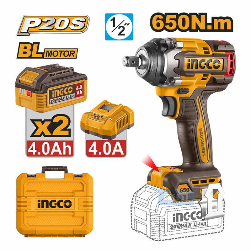 Llave de impacto brushless Ingco CIWLI2065 P20S de 650 Nm con baterías, cargador y maletín