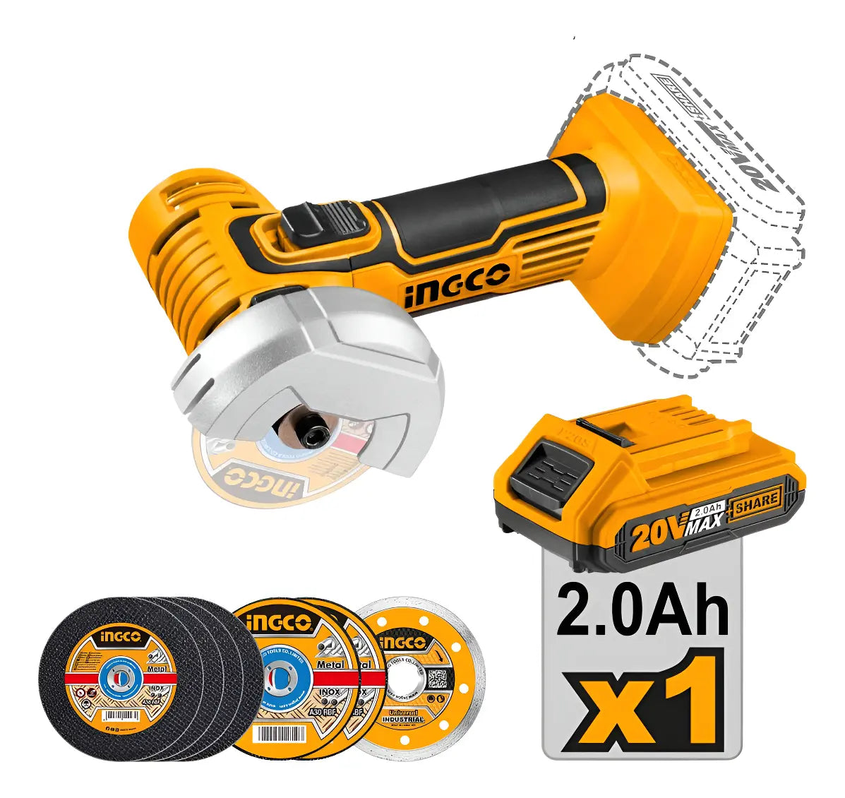 Miniamoladora inalámbrica Ingco CAGLI76017 de 76 mm con batería de 2,0 Ah y 7 discos
