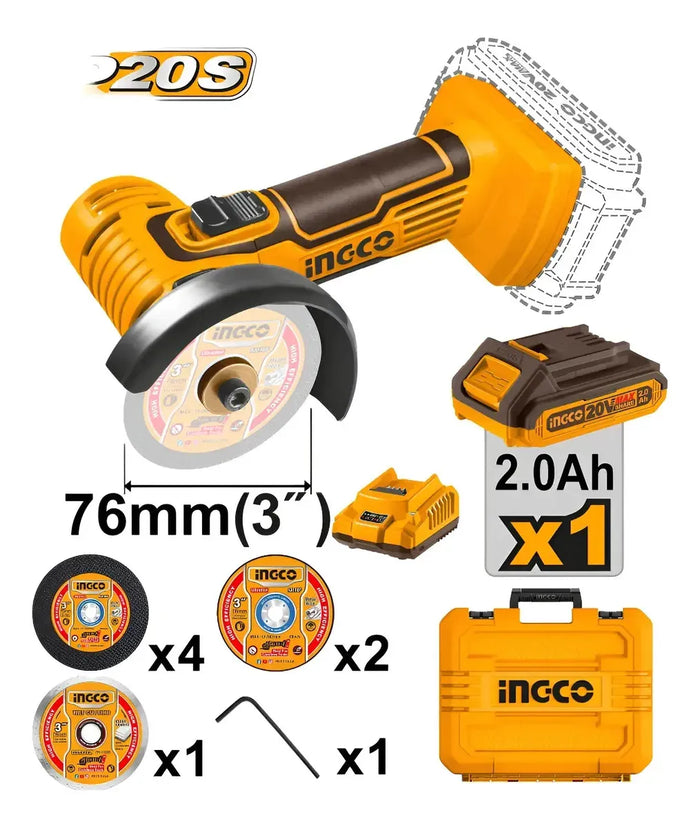 Miniamoladora Angular 76 mm 20 V con Batería y Cargador Ingco CAGLI76012