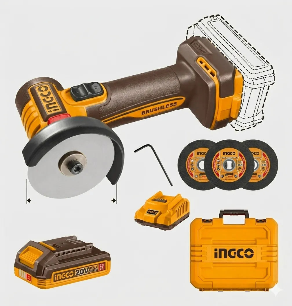 Miniamoladora brushless Ingco CAGLI207625 de 76 mm con batería de 2,0 Ah, cargador, 3 discos, llave y maletín