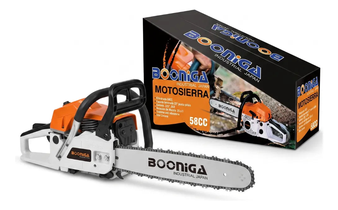 Motosierra Booniga B0022 junto a su caja