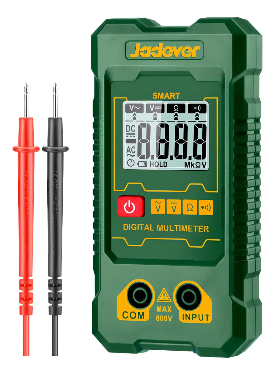 Multímetro digital Jadever JDDM1501 con pantalla, botones y puntas de prueba roja y negra