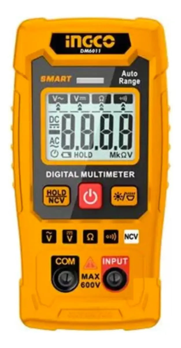 Multímetro digital Ingco DM6011 amarillo con pantalla True RMS y botones de función, vista frontal