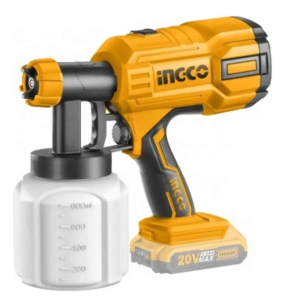 Pistola de pintar inalámbrica Ingco CSGLI2001 de 20 V con depósito de 800 ml