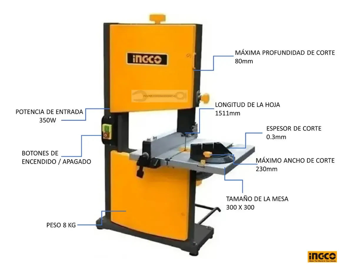 Sierra de banda Ingco BAS3502 con sus medidas principales