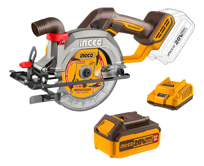 Sierra Circular Inalámbrica Brushless con Batería y Cargador 140 mm 20 V Ingco CSLI14021