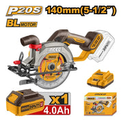 Sierra circular brushless Ingco CSLI14021 P20S de 140 mm con batería de 4,0 Ah, cargador y caja