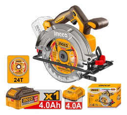 Sierra circular inalámbrica Ingco CSLI16523 con hoja de 165 mm, batería de 4,0 Ah, cargador de 4 A y caja
