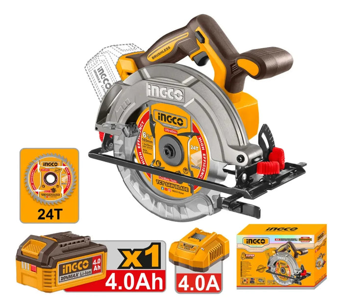 Sierra Circular Inalámbrica Brushless 165 mm 20 V con Batería y Cargador Ingco CSLI16523