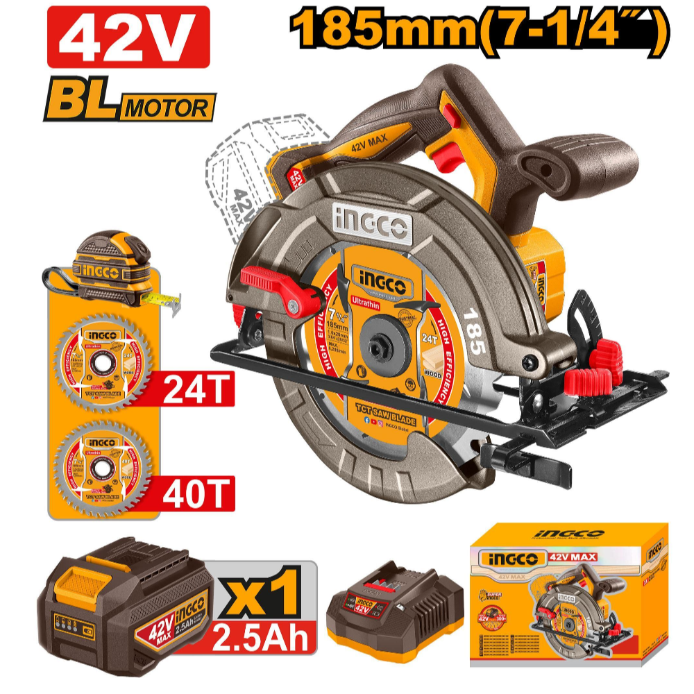 Kit sierra circular Ingco CSLI4218511 de 42 V con 2 hojas de 185 mm, batería de 2,5 Ah, cargador y caja