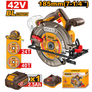 Kit sierra circular Ingco CSLI4218511 de 42 V con 2 hojas de 185 mm, batería de 2,5 Ah, cargador y caja