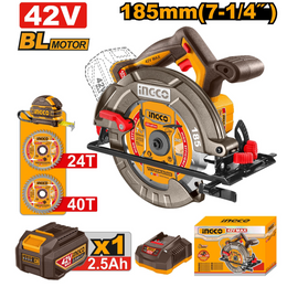 Kit sierra circular Ingco CSLI4218511 de 42 V con 2 hojas de 185 mm, batería de 2,5 Ah, cargador y caja