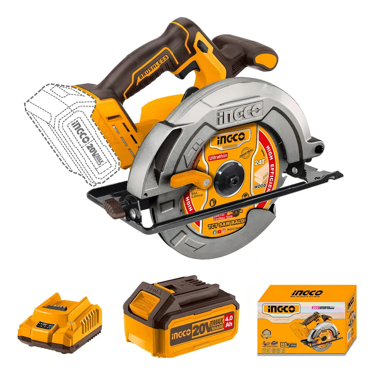 Sierra circular inalámbrica Ingco CSLI18511 de 185 mm con batería de 4,0 Ah, cargador y caja