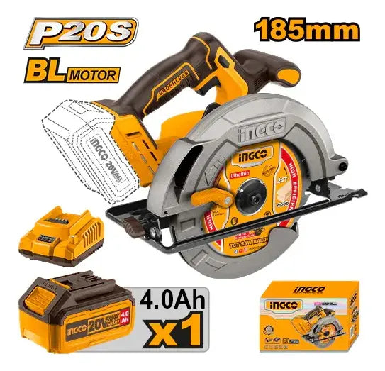 Sierra circular Ingco CSLI18511 de 185 mm y motor brushless, con batería de 4,0 Ah, cargador y caja