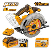 Sierra circular Ingco CSLI18511 de 185 mm y motor brushless, con batería de 4,0 Ah, cargador y caja