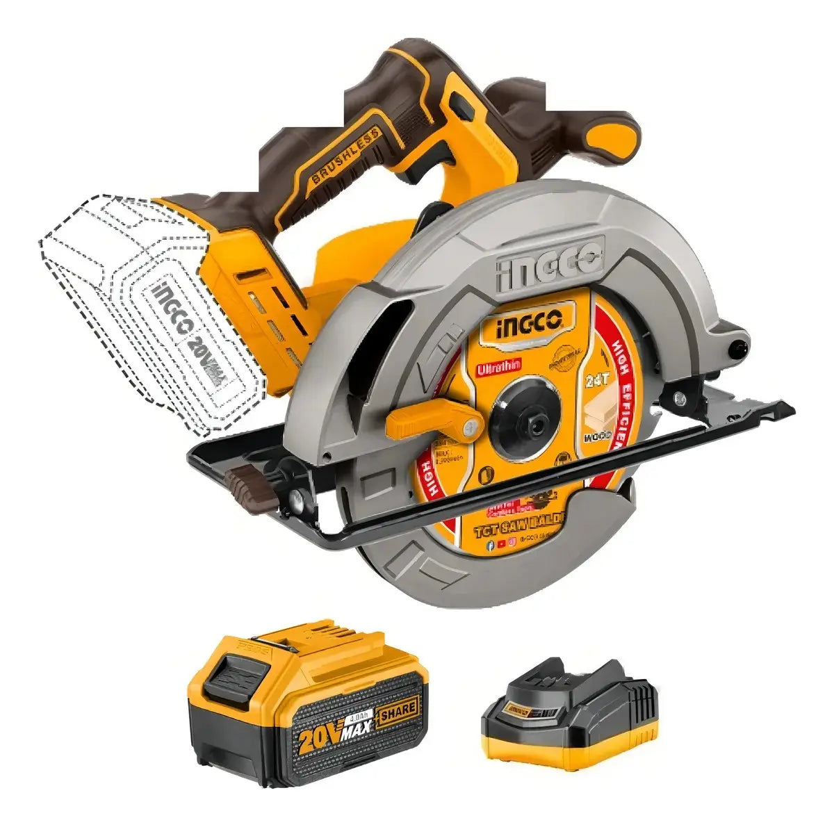 Sierra circular brushless Ingco CSLI18513 de 20 V con su batería y cargador, vista desde el lado de la hoja