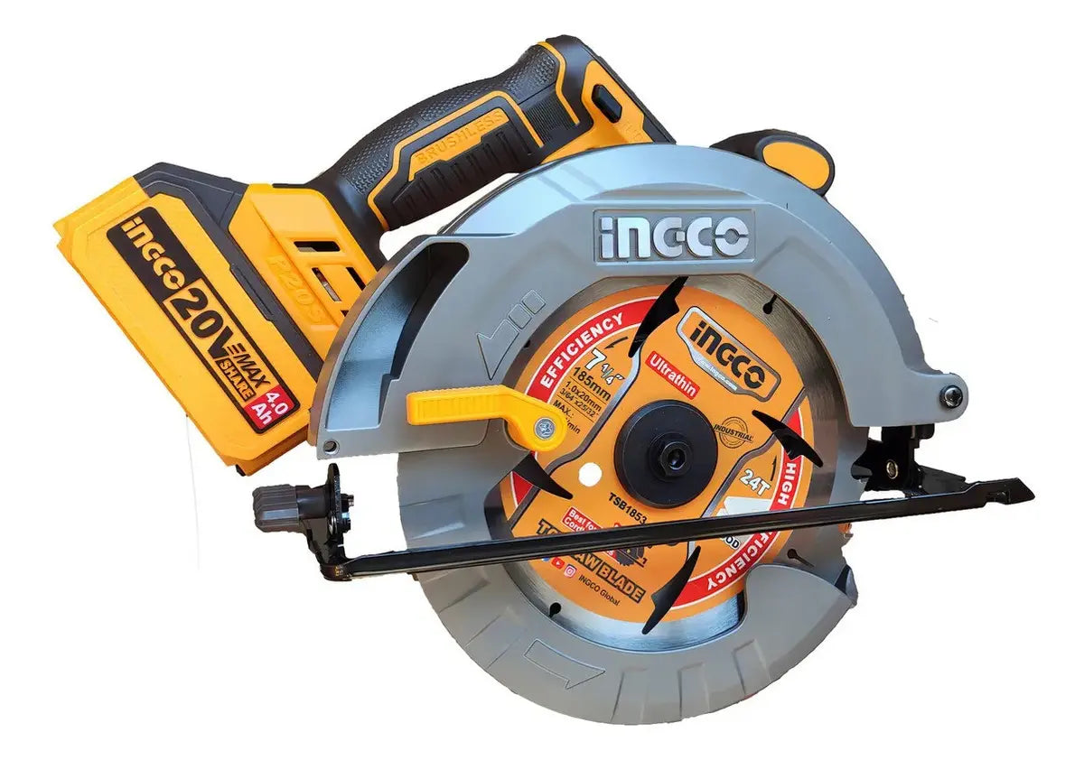 Sierra circular Ingco CSLI18513 con batería de 20 V montada y hoja de 185 mm