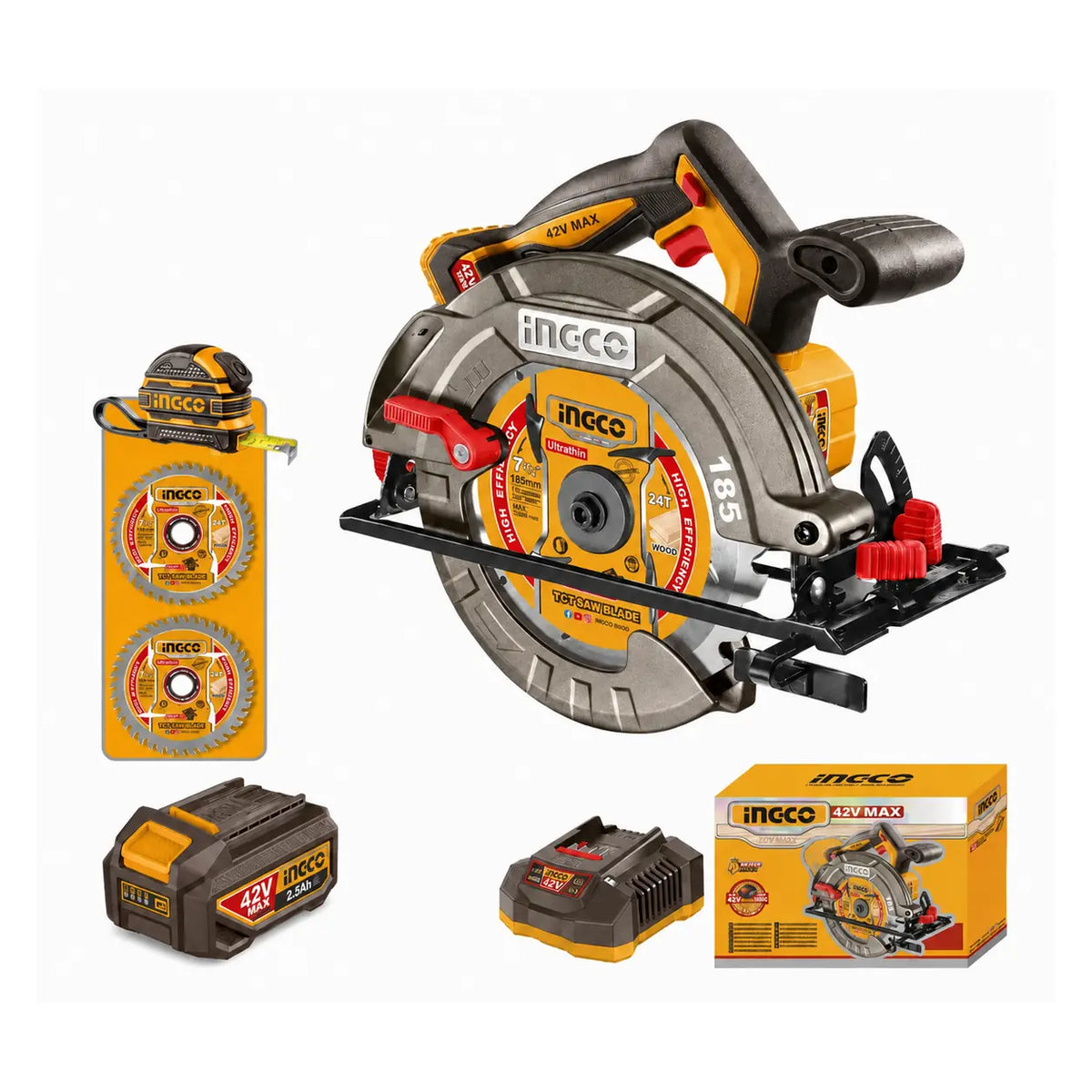 Sierra circular Ingco CSLI4218511 con 2 hojas, batería, cargador y caja