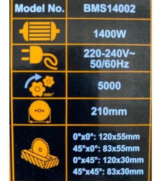 Datos técnicos de la caja de la Ingco BMS14002: 1400 W, 5000 rpm, 210 mm y capacidades de corte