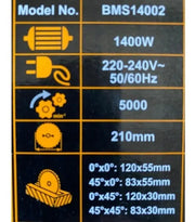 Datos técnicos de la caja de la Ingco BMS14002: 1400 W, 5000 rpm, 210 mm y capacidades de corte