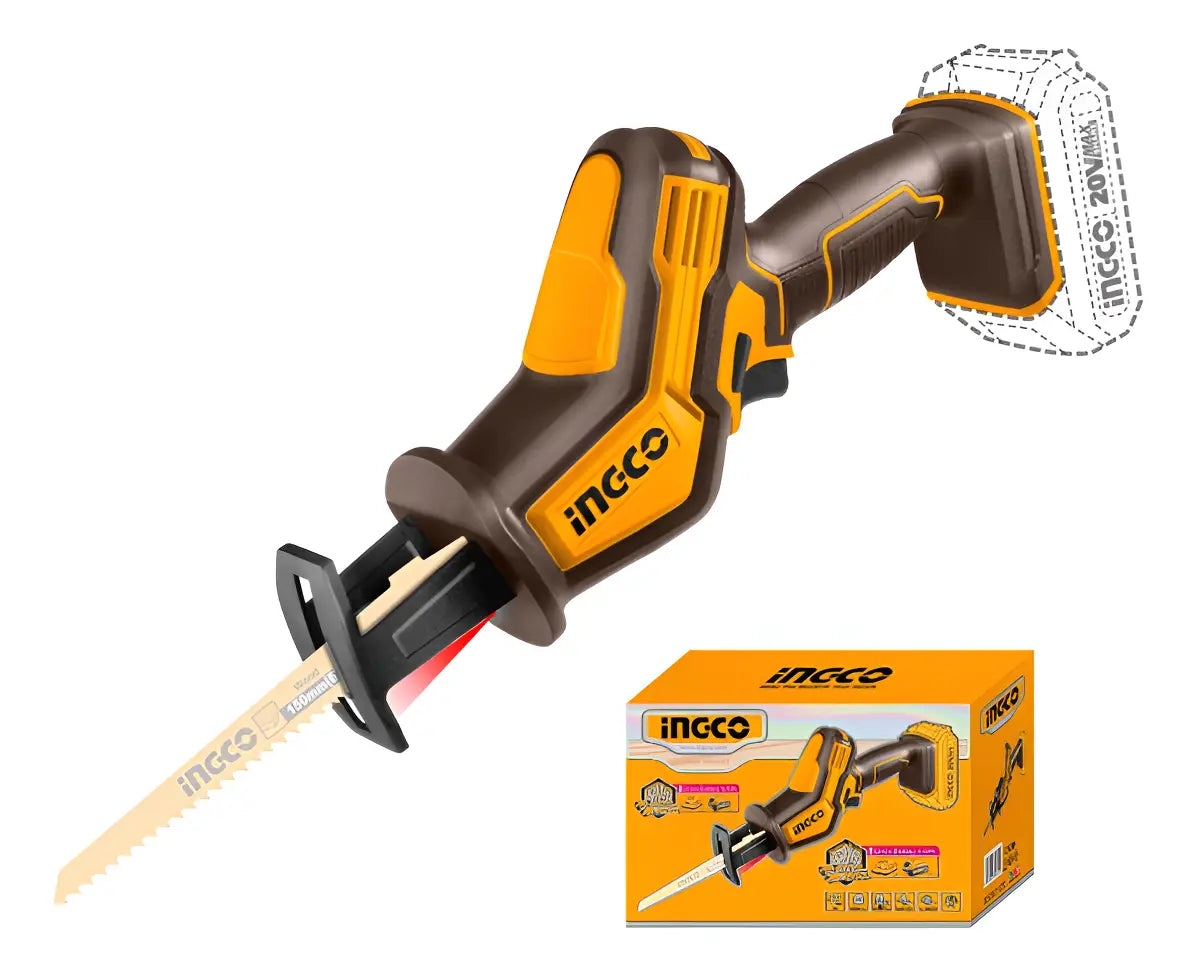 Sierra sable inalámbrica Ingco CRSLI6508 de 20 V junto a su caja, sin batería