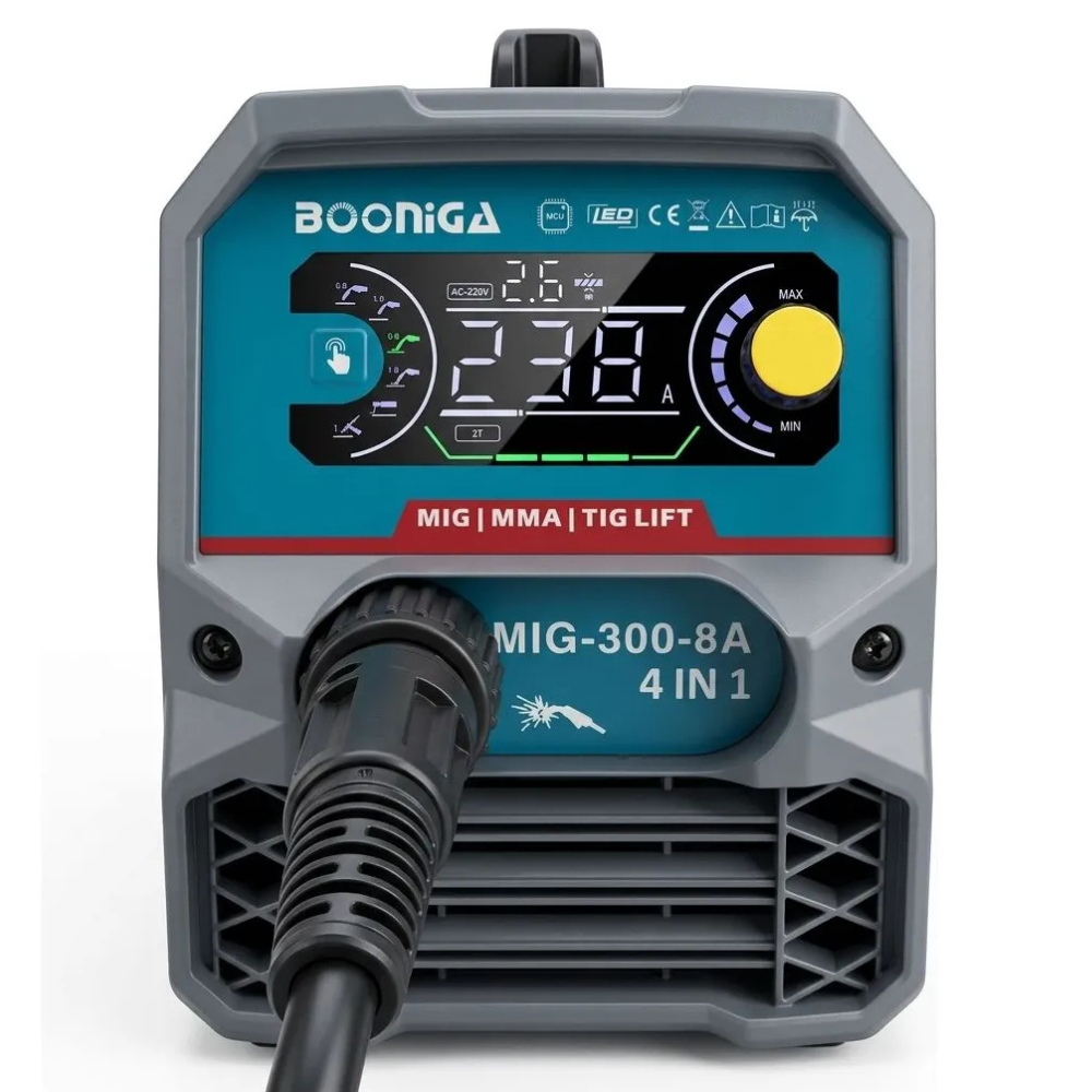 Panel frontal de la soldadora Booniga MIG3008A con pantalla digital y selección MIG, MMA y TIG Lift