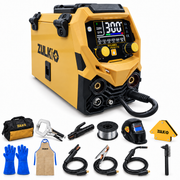 Soldadora multiproceso Zulkio MIG/MMA-300YK/SET12 junto a su kit de 12 accesorios, con bolso, careta, guantes, delantal, torcha MIG y pinzas