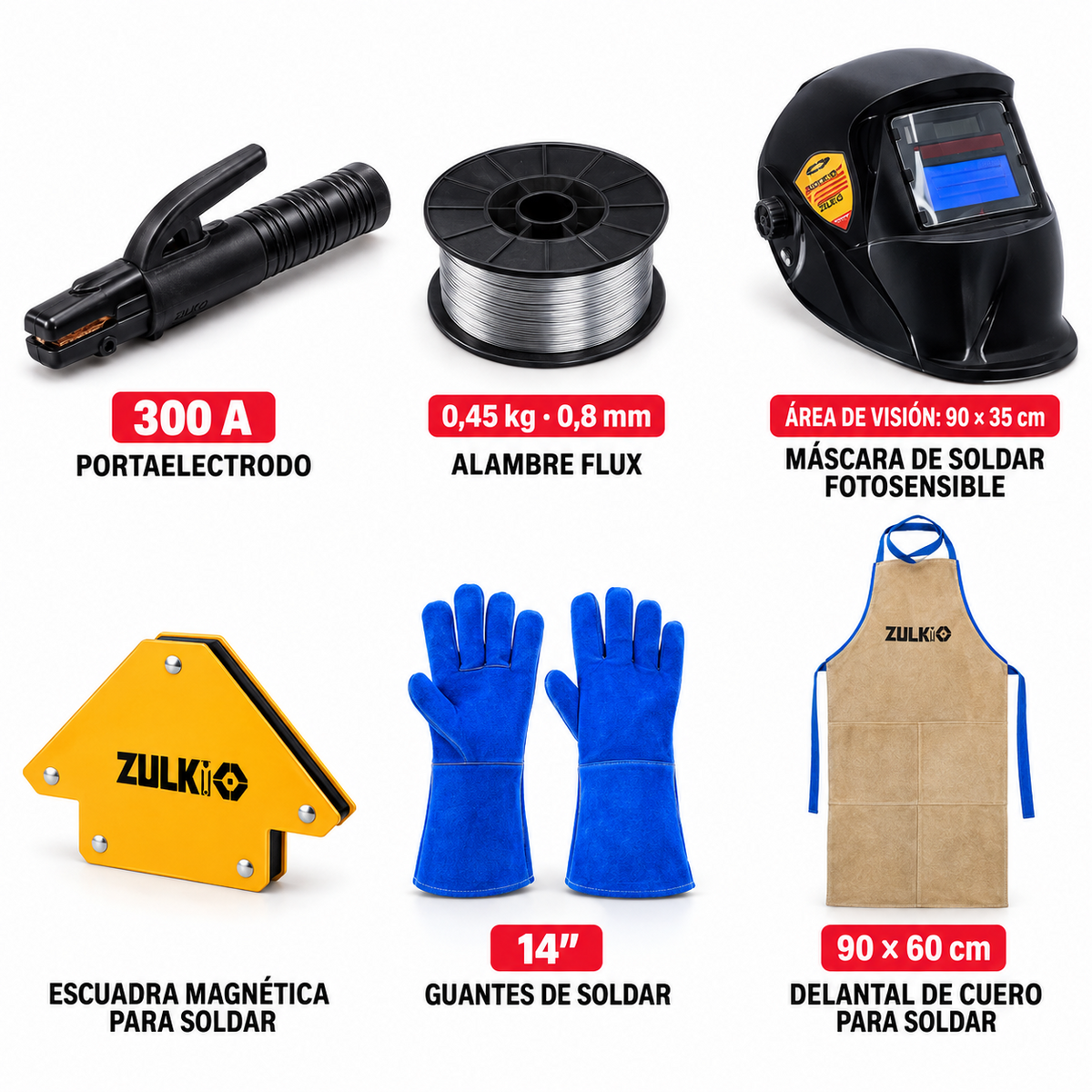 Accesorios de la Zulkio SET12: pinza portaelectrodo, rollo de alambre Flux, careta de auto-oscurecimiento, soporte magnético, guantes y delantal de cuero